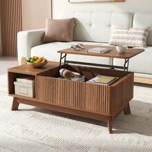 Coffee Table With Lifting Mechanism, Wavy Design, Open Side Compartment, MDF Material, Modern Style - Brown - View 8