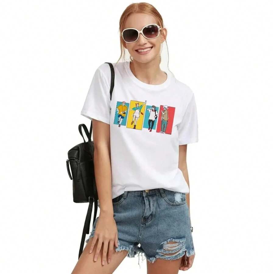 Gothic Clothing, Gojo Graphic Tee, Anime, Funny Summer T-Shirt For Women, Japanese T-Shirts, Cartoon T-Shirts For Women, Vintage Street Style, Unisex, Loose Fit, Cotton, Short Sleeve, Round Neck, Blouses For Women. Casual Blouses For Ladies. - 白色 - 查看 1