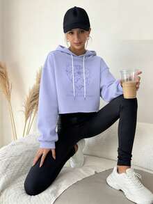 A Short-Sleeve Purple-Blue Cotton Ribbed Top Featuring Lettering, Heart, And Portrait Prints, Accented With Rhinestones And A Hooded Design - 紫羅蘭 - 查看 6