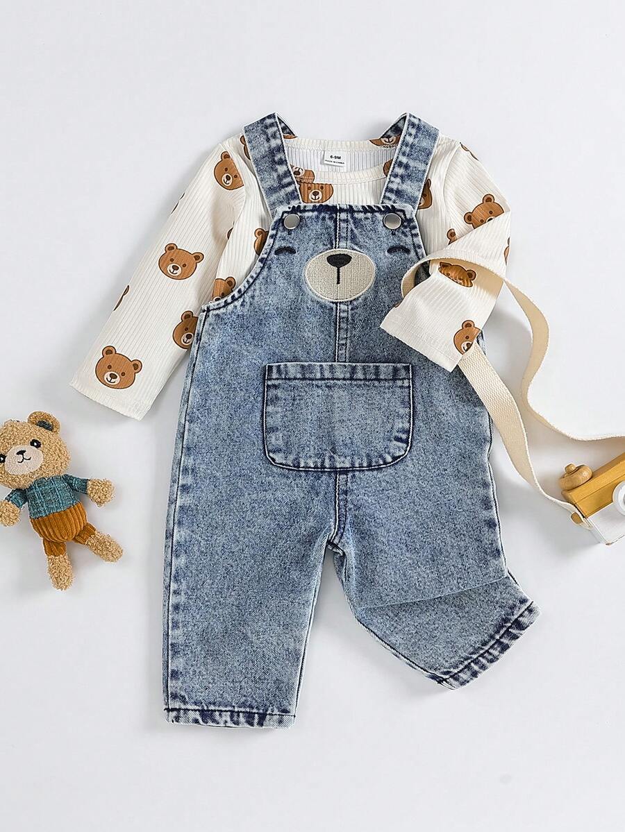 Baby Autumn 2 Pieces Outfit, Cartoon Bear Embroidered Denim Overalls With Pocket Decor + Ribbed Bear Print Long Sleeve Top, Infant Toddler Casual Play Set - Multicolor - View 1