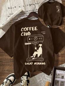2026 New Products Of Great: Women's Cotton Crew Neck T-Shirt, Coffee Club Print T-Shirt, Casual Women's T-Shirts, Versatile Wardrobe Essentials, Women's Short Sleeve Crew Neck Casual T-Shirt For Spring And Summer. - 黑色 - 查看 1