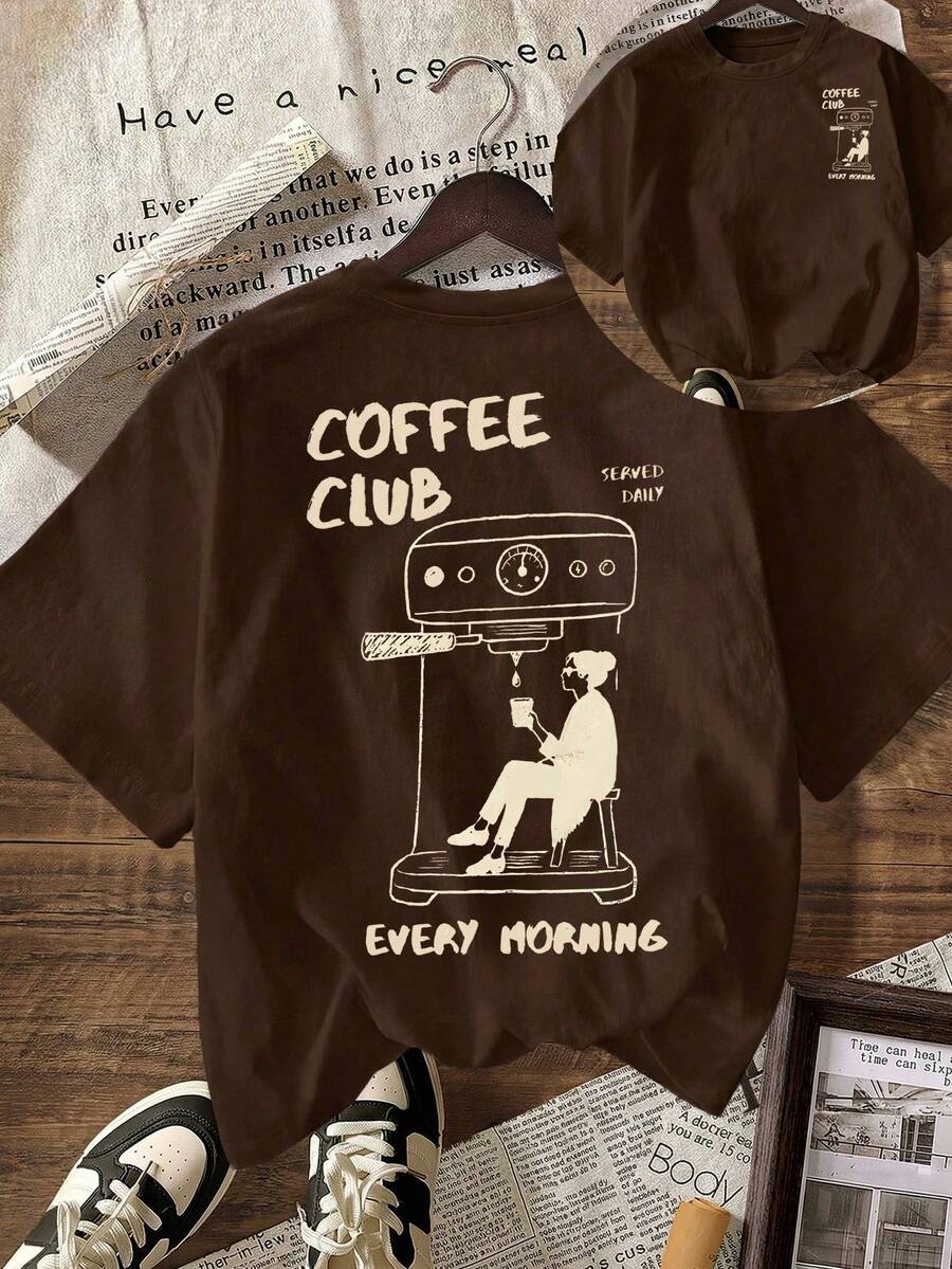 2026 New Products Of Great: Women's Cotton Crew Neck T-Shirt, Coffee Club Print T-Shirt, Casual Women's T-Shirts, Versatile Wardrobe Essentials, Women's Short Sleeve Crew Neck Casual T-Shirt For Spring And Summer. - 黑色 - 查看 1
