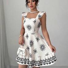 guang zhou mi qian shang mao  Vestido casual de vacaciones y uso diario con diseño de cintura impresa, espalda descubierta, lazo y mangas acampanadas - Rosa - Ver 6