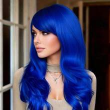 Peluca sintética rizada azul de 26 pulgadas para mujer con flequillo, resistente al calor, cabello suave y liso, estilo elegante y de moda natural, adecuada para el uso diario, fiestas, reuniones, banda de gorra ajustable para un ajuste , ideal para Halloween, Navidad, fotografía - Ver 5