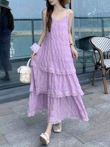 白色細肩帶女款夏季優雅V領蕾絲飾邊層次裙擺海灘度假寬鬆洋裝隨機圖案 - 紫色 - 查看 4
