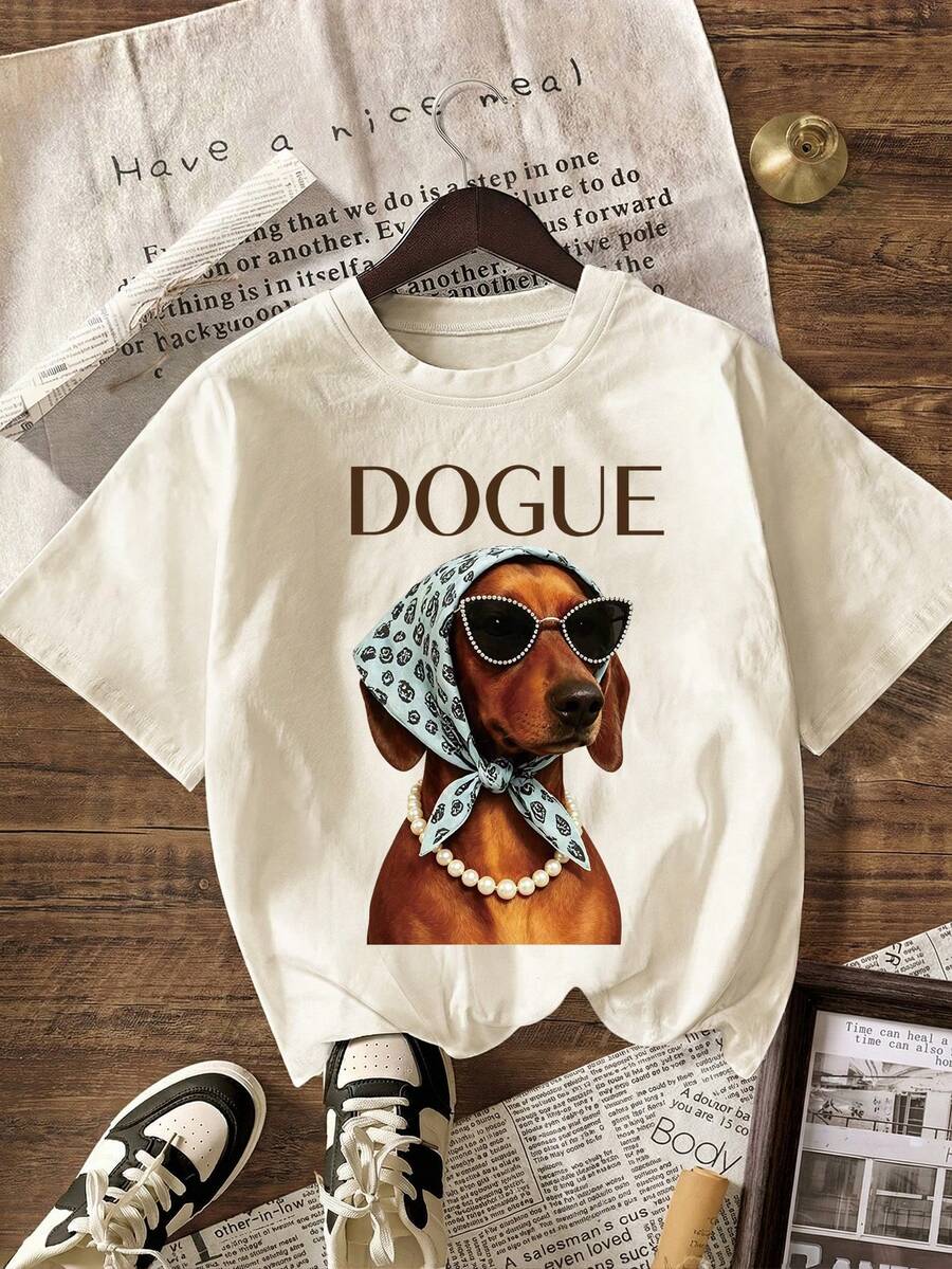 Cute Dachshund Dog Art Graphic T-Shirt Summer Clothes For Women, Women's Casual Round Neck Short Sleeve T-Shirt - Apricot - View 1