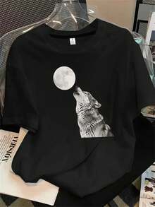 Camisa de mujer de manga corta y cuello redondo con estampado de un lobo rugiendo tras la luna, apta para todas las estaciones. - Negro - View 1