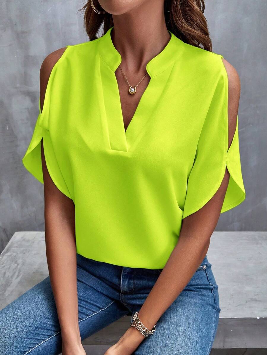 Clasi Blusa de camisa blanca con hombros descubiertos y manga dividida - Verde lima - Ver 1
