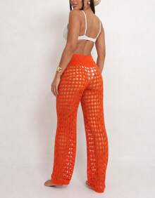 Knitted Beach Cover-Up Pants With Elastic Tie-Up Fishnet - Red - View 4