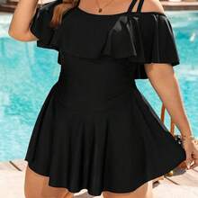guangzhougaolangshangmao Swim Lushoire Traje de baño talla grande de verano con tirantes ajustables y volantes en corte evasé - Burdeos - Ver 2