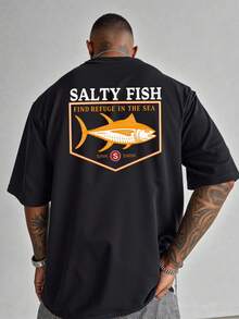 Camiseta estampada de talla con diseño de mariscos, adecuada para la moda estadounidense. Esta blusa casual presenta un diseño de cuello redondo ampliado y ensanchado, lo que la hace - Negro - Ver 1