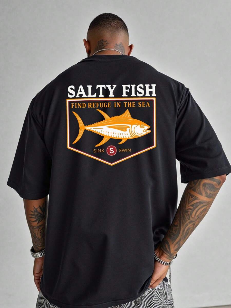 Camiseta estampada de talla con diseño de mariscos, adecuada para la moda estadounidense. Esta blusa casual presenta un diseño de cuello redondo ampliado y ensanchado, lo que la hace - Negro - Ver 1
