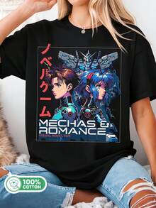 Mechas & Romance Visual Novel Unisex Couple Graphic Cotton T-Shirt Anime Tee Summer - Black - View 1
