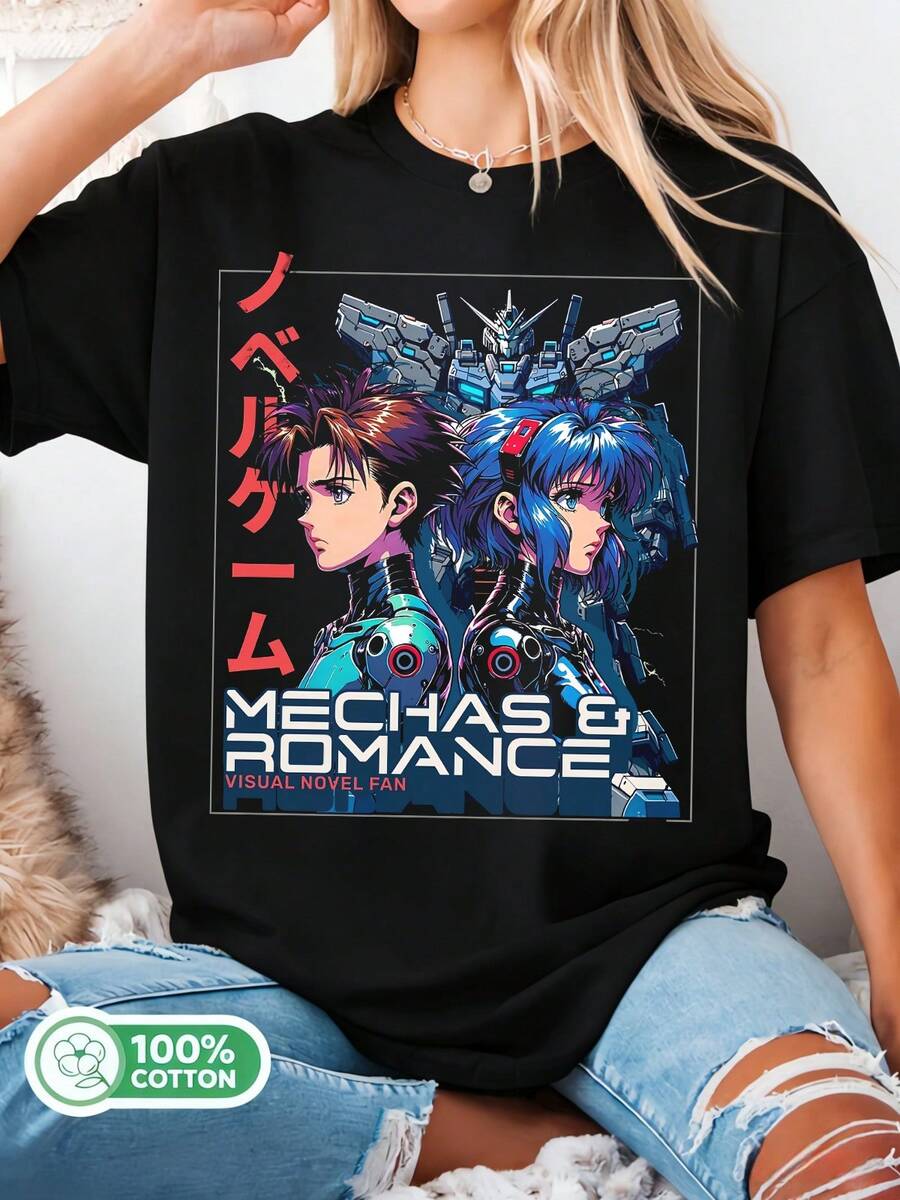 Mechas & Romance Visual Novel Unisex Couple Graphic Cotton T-Shirt Anime Tee Summer - Black - View 1