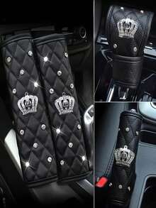 汽車內飾安全帶肩墊套 亮鑽皮革皇冠式排檔桿套 四季通用排檔手煞車組 - A - 查看 1