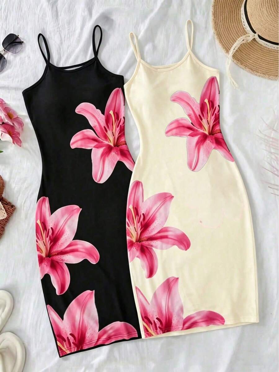 2pcs/Set Casual Vintage Lily Flower Print Fitted Mid-Length Dress, Spring/Summer - Multicolor - View 1