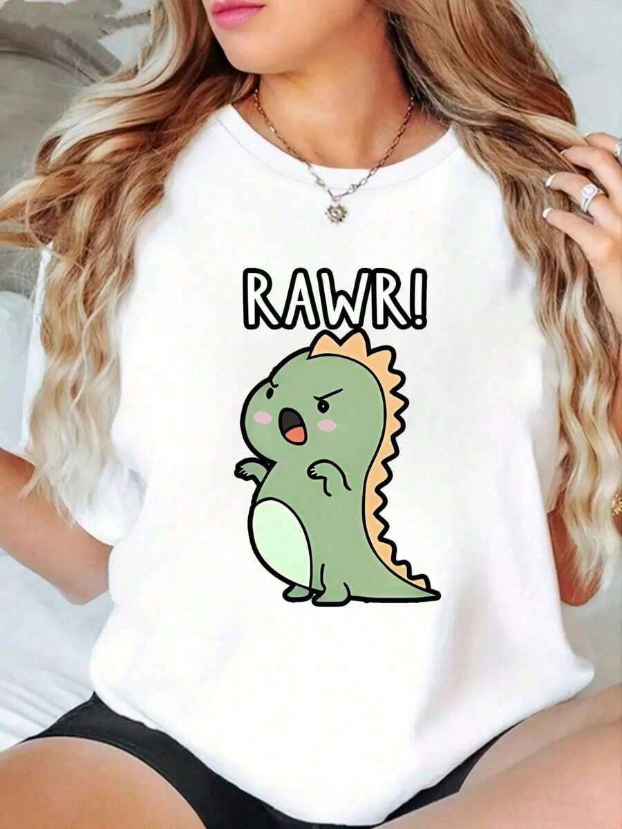 1 pieza de camiseta de algodón 100% para mujer con diseño de dinosaurio enojado, camiseta de algodón pesado de 180g para mujer para Navidad (1 pieza) 180g 100% algodón. Blusas 100% Algodón>Basicas - Blanco - Ver 1