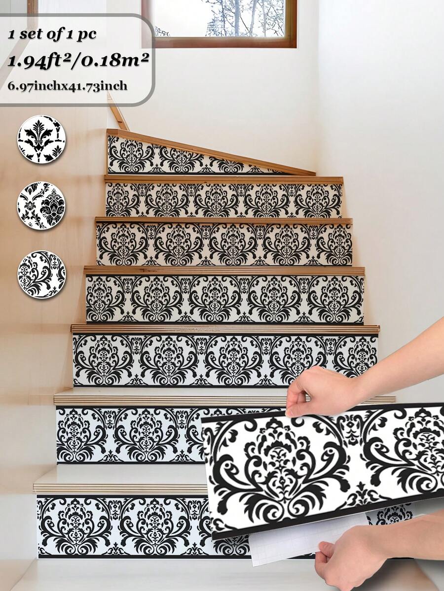 SUPSTICKER 1PC Black White Damask Stair Riser Stickers, Peel And Stick Removable PVC Decals For Staircase Makeover, 3 Patterns, 41.73x6.97in - 1PC - View 1
