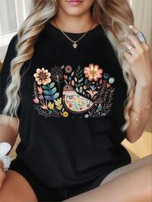 Camiseta de Mujer con Cuello Redondo y Mangas Cortas, Estampado Divertido de Aves Florales, Camiseta Negra para Mujer, Estilo Casual, Manga Corta, Estilo Boho, Camiseta Gráfica, Ropa de Verano a la Moda, Adecuada para el Día de San Valentín, Fiestas de Navidad, Actividades Deportivas, Fiestas de Vacaciones, Salidas, Deportes y Otros Regalos Festivos (220g). - Negro - Ver 1