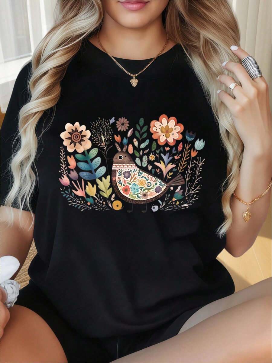 Camiseta de Mujer con Cuello Redondo y Mangas Cortas, Estampado Divertido de Aves Florales, Camiseta Negra para Mujer, Estilo Casual, Manga Corta, Estilo Boho, Camiseta Gráfica, Ropa de Verano a la Moda, Adecuada para el Día de San Valentín, Fiestas de Navidad, Actividades Deportivas, Fiestas de Vacaciones, Salidas, Deportes y Otros Regalos Festivos (220g). - Negro - Ver 1