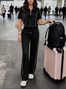 Setelan Kasual Wanita Musim Semi/Gugur untuk Beraktivitas di Luar Ruangan, 2 Potong, Atasan Lengan Pendek Longgar Warna Polos dengan Kerah dan Resleting + Celana Panjang Lurus Bergaris Warna Kontras, Gaya Elegan - Hitam - View 10