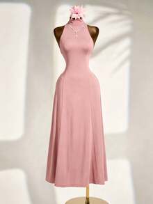 1pc Solid Color Sexy Casual Knit Backless Dress, Suitable For Office And Street Wear - Pink - View 7