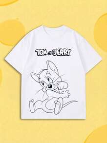 SHEIN X Tom & Jerry 女款極簡短袖T恤，線條藝術印花圓領上衣，寬鬆Ins風T恤，日常通勤，韓系極簡卡通風格休閒白色 - 白色 - 查看 1
