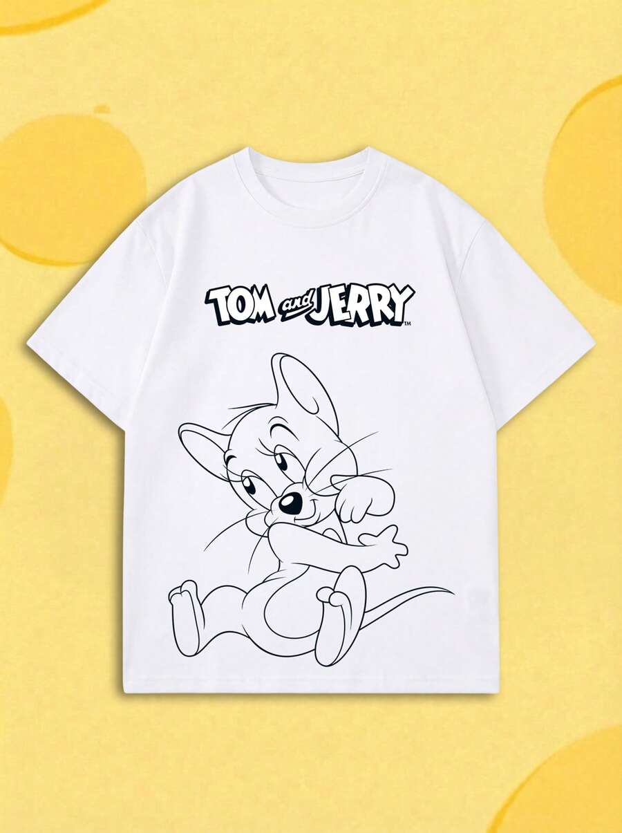 SHEIN X Tom & Jerry 女款極簡短袖T恤,線條藝術印花圓領上衣,寬鬆Ins風T恤,日常通勤,韓系極簡卡通風格休閒白色 - 白色 - 查看 1
