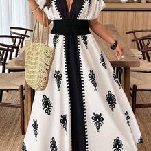 guang zhou mi qian shang mao Weeklong Vestido de mujer de talla grande con cuello en V profundo, manga corta con volantes y estampado de vacaciones - Multicolor - Ver 5