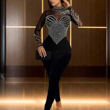 YijiaNvz Mono de manga larga y pantalón largo de unicolor con malla y strass, elegante para fiestas de cumpleaños, graduación, cena, festival, boda, primavera en color negro - Albaricoque - Ver 5