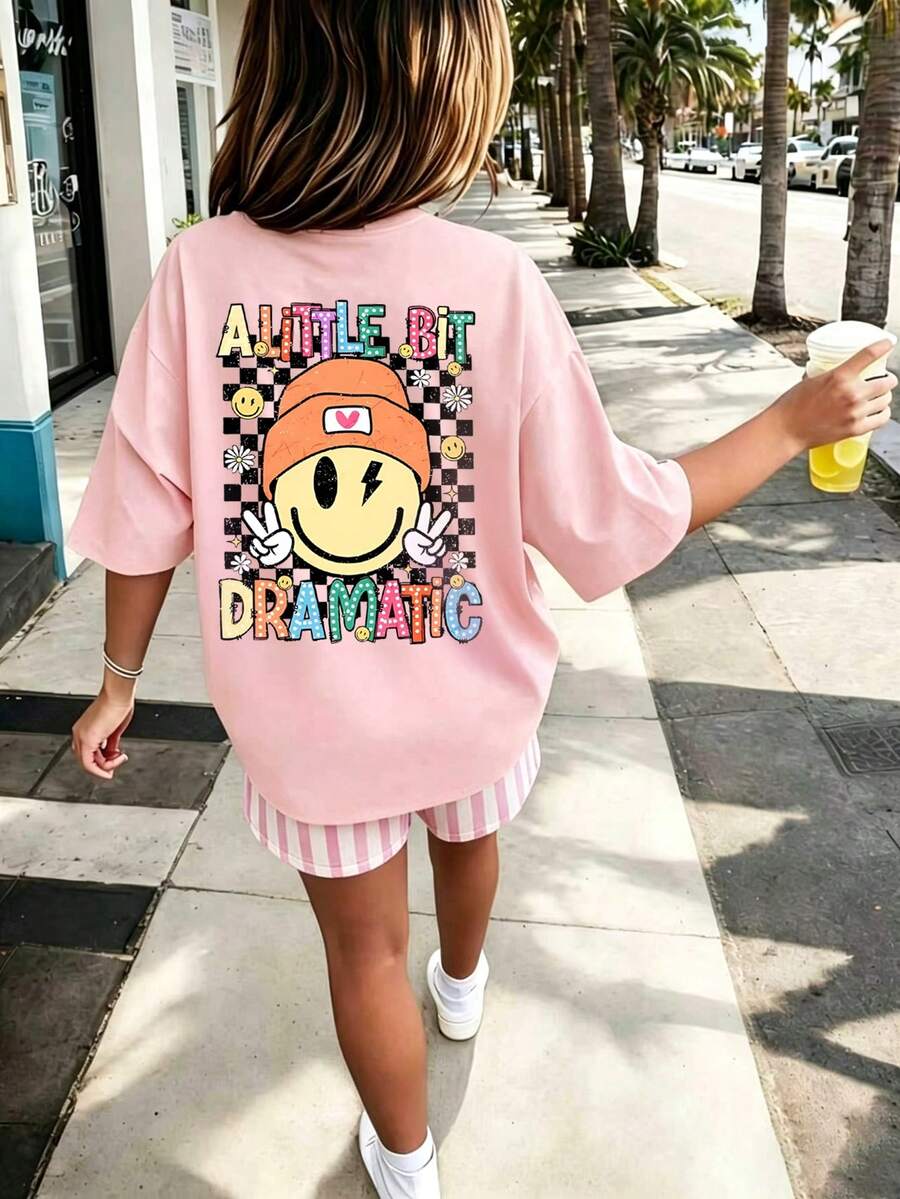 Tween Mädchen Casual Novelty Print Rundhals Kurzarm T-Shirt Sommertop - Pink - Übersicht 1