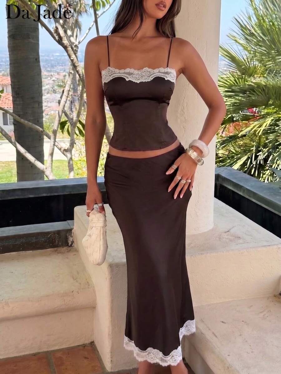 Da Jade Coquette Women's Silk Satin Lace Trim Camisole + Mermaid Skirt 2-Piece Set, Vintage Y2K Summer Date Home Casual Outfit, Summer Outdoor Wear - Brown - View 1