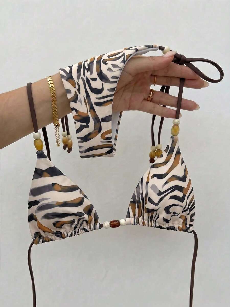 Bikinx Women's Sexy Zebra Striped Triangle Bikini Set - Beaded Halter String Swimsuit - Tie Side Thong Bathing Suit - Wild Animal Print Beachwear - 彩色 - 查看 1