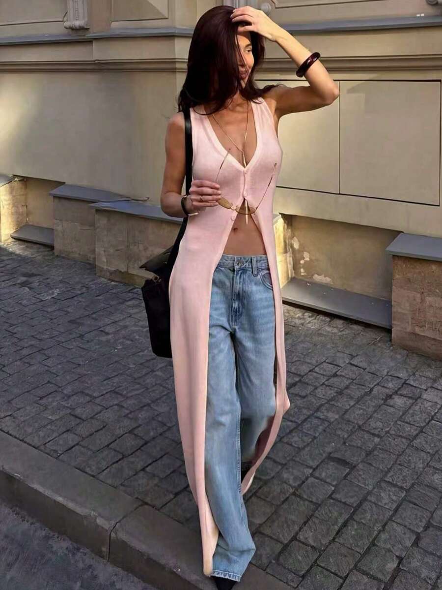 Áo khoác cardigan dài không tay cổ chữ V sâu, màu trơn, chất liệu dệt kim nhẹ, kiểu dáng thường ngày dành cho nữ của HoloChill, mẫu mới mùa hè 2026, thích hợp để mặc nhiều lớp, trang phục mùa hè cho nữ, trang phục dự tiệc ngày lễ, trang phục đi biển, áo khoác cardigan dài thanh lịch. - Hồng - Xem 1