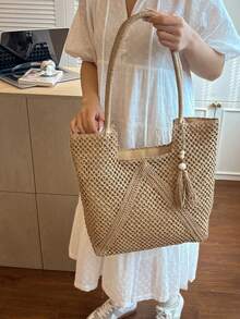 Summer Straw Beach Bag, Large Capacity Tote Bag, Grocery Basket, Handbag, Vacation Style, Simple & Versatile, Multi-Pocket Design For Women, Suitable For Dresses, Shopping, Travel, Storage, Wicker Bag - Khaki - View 4