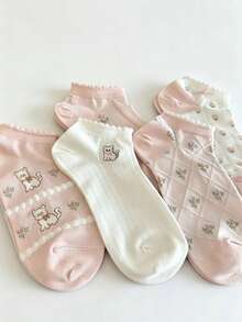 5 Pairs Women's Elegant Floral Print Short Socks, Non-Slip, Suitable For Spring And Autumn, Fun Socks - Multicolor - View 3