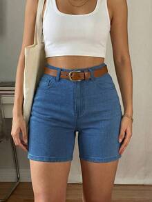 Shorts de mezclilla para mujer, pantalones cortos de verano, bolsillos delanteros y traseros de tela elástica lavada, estilo calle versátil, pantalones de playa casual - azul medio - Ver 3
