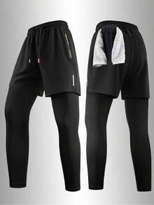 Men's 2-In-1 Compression Running Pants, Moisture-Wicking Outdoor Fitness Tights With Zipper Pockets, Suitable For Gym Training And Hiking Sports Black - Black - View 1