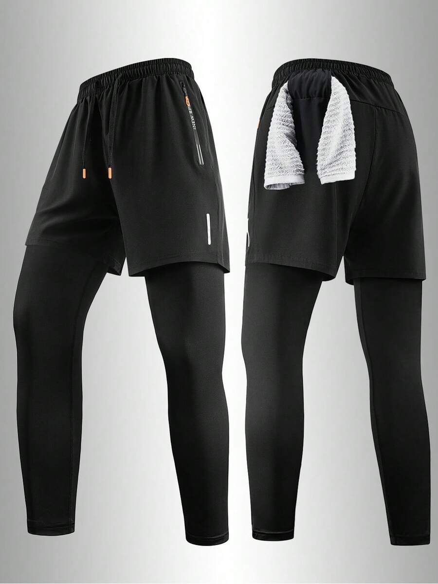 Men's 2-In-1 Compression Running Pants, Moisture-Wicking Outdoor Fitness Tights With Zipper Pockets, Suitable For Gym Training And Hiking Sports Black - Black - View 1