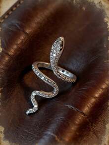 VJS 1pc Women's Oxidized Cubic Zirconia Snake Open Ring, Suitable For Women's Daily Wear And Party Gatherings - Silver - View 8