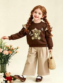 2pcs Girls Casual Cute Bear & Bow Print Sweatshirt + Plaid Pattern Loose Pants Outdoor Set, Autumn/Winter - Brown - View 1