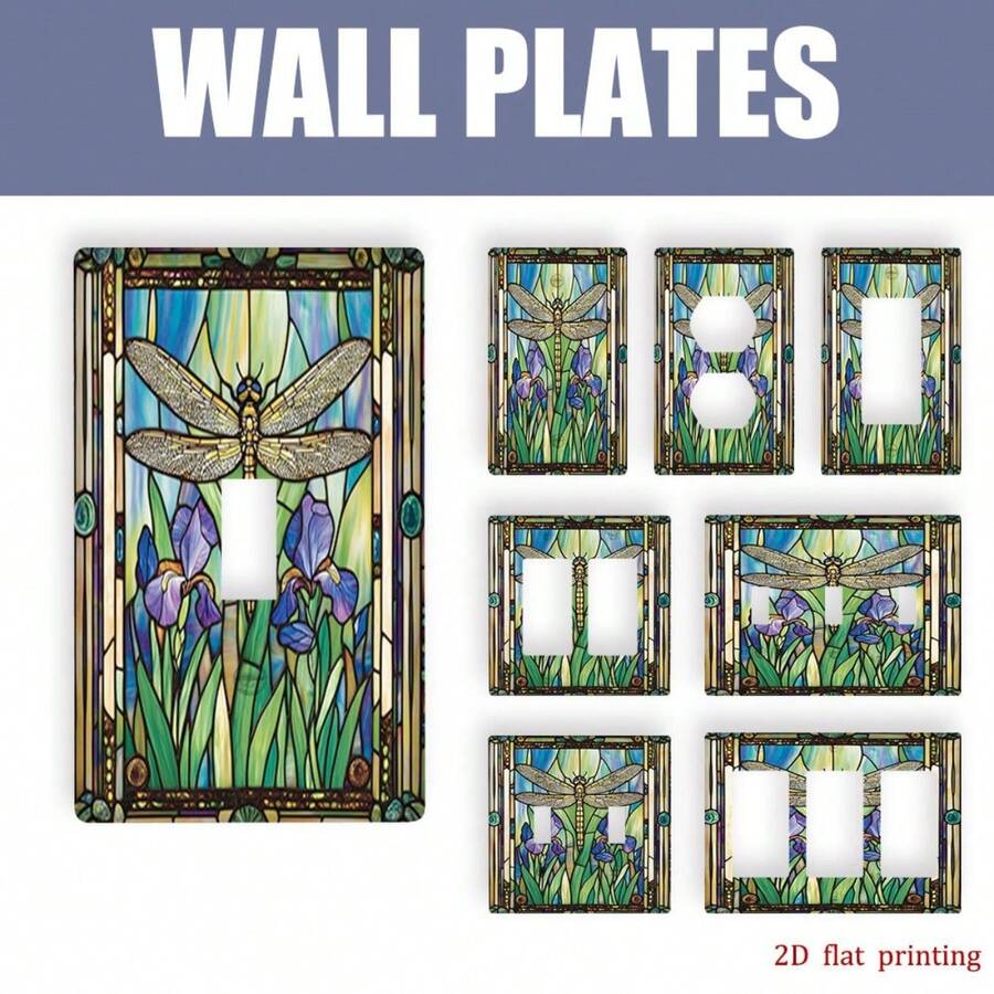 1pc Colorful Glass Pattern Switch Cover Plate Dragonfly & Iris Print 2D Flat Design Personalized Wall Art Decor For Home Kitchen Bathroom Office - Multicolor - View 1
