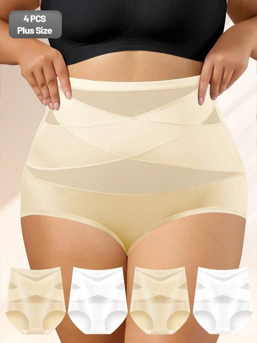 QUASTI 4件組大尺碼多色交叉網格彈性高腰內褲 1XL-5XL，輕量女款內衣 [尺寸偏大]