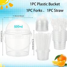 1/5 Set Reusable 16oz Plastic Ice Cream Bucket Set With Dome Lid, Fork And Straw, Suitable For Frozen Food Storage, Popcorn, Outdoor Travel, Beverage Party And Picnic - Multicolor - View 7