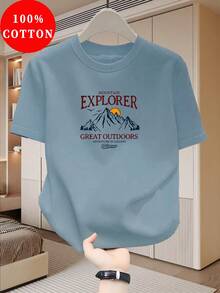 Camiseta para hombre hecha de% tejido de punto con ligera elasticidad, top casual de cuello redondo para hombre, camiseta de verano adornada con un diseño de amanecer. - Blanco - Ver 3