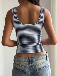 Women's Solid Color Square Neck Fitted Casual Camisole, Minimalist Retro Solid Color Vest, Summer Fashion Backless Knit Camisole, Casual Versatile, Suitable For Work Commute - Blue and White Stripes - View 2