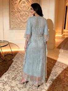 珠飾亮片拼接卡夫坦洋裝，小V領，適合節慶、婚禮、生日、派對、正式晚餐、夏季 - 薄荷綠 - 查看 2
