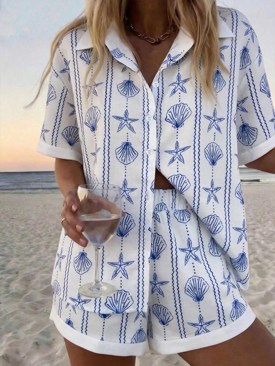 Conjunto de camisa de manga corta con botones y pantalones cortos con estampado de peces para mujer - Celeste - Ver 1