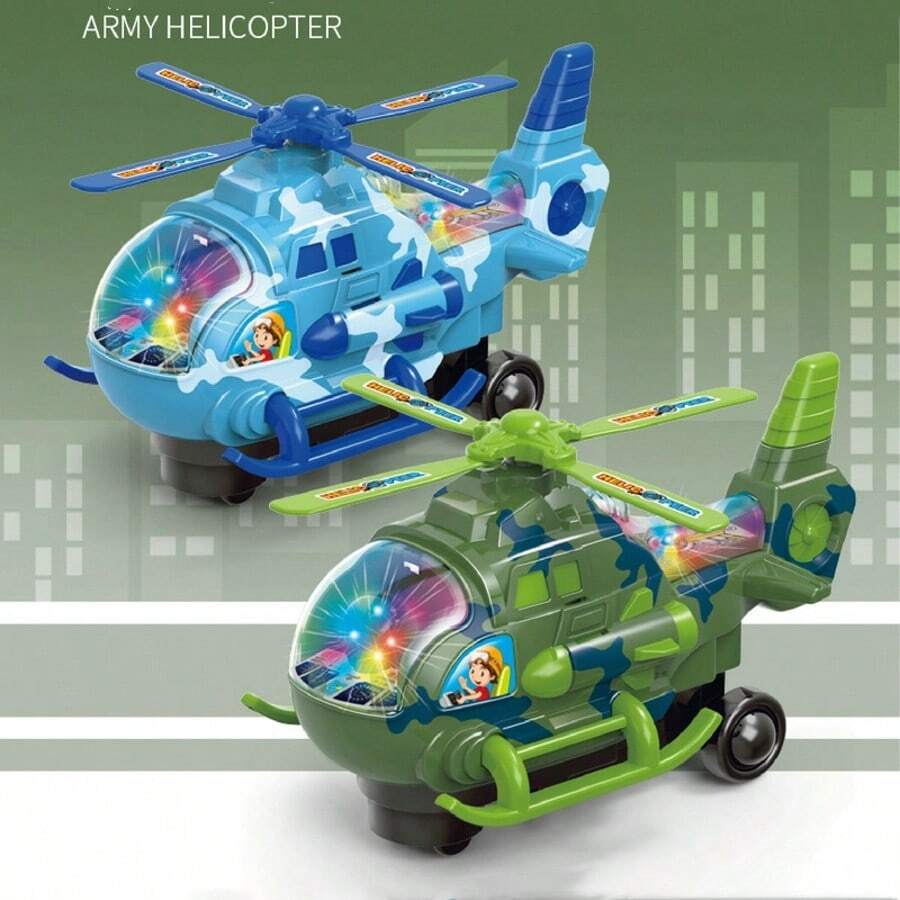 Durable Drop‑Resistant ABS Plastic Army Helicopter Toy With Cool Camouflage Design. Equipped With Colorful Flashing Lights And Rotatable Propellers. Electric Universal Driving Function,  Smooth Edges. Perfect For Boys Aged 3+, Great Gift For Birthdays, Holidays And Back‑To‑School Season. - Green - View 1