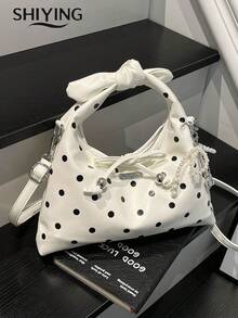 Fashion Polka Dot Handbag, Women's Multifunctional Shoulder Crossbody Bag, Vintage Bow Decor Drawstring Half Moon Bag - White - View 4
